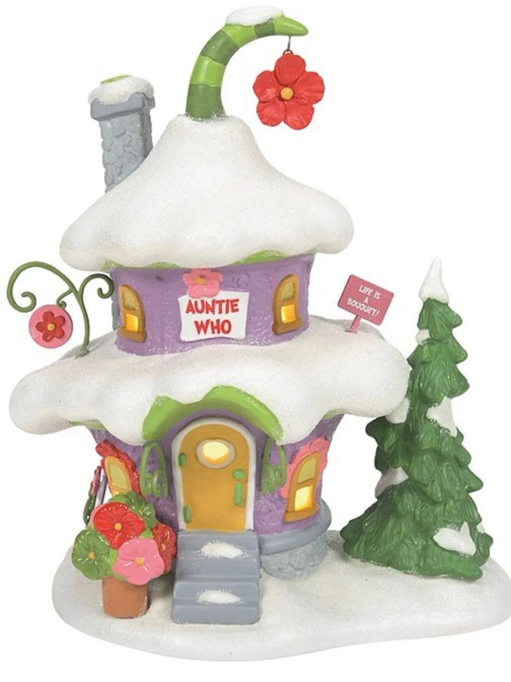 Department 56 Purple Cottage with Green Trim and Yellow Door